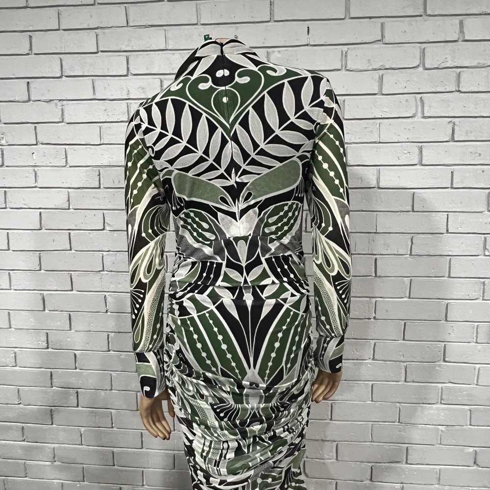 Farm Rio Green Lace Nature Tulle Botanical Geometric Mock Neck Midi Dress | M - Picture 5 of 11